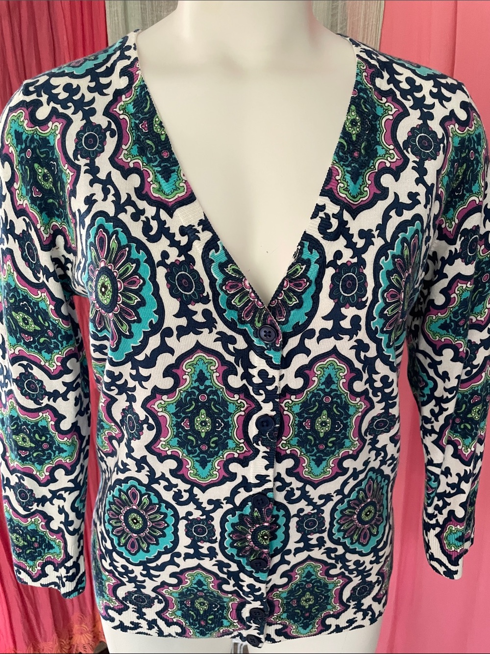 Talbots Teal, Navy & White Medallion Cardigan